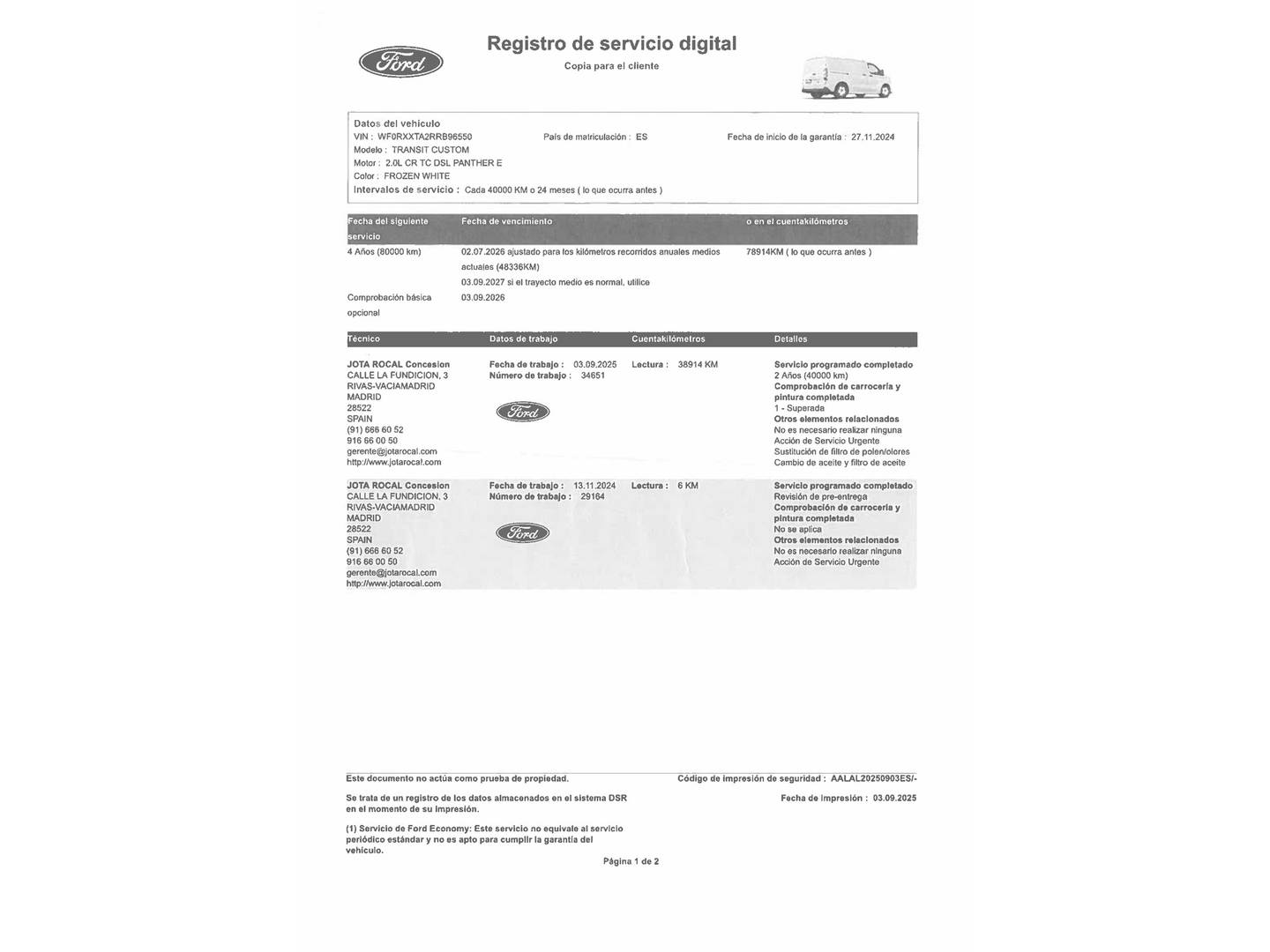 Foto del mantenimiento del Ford Transit Custom Ford Transit Custom Furgon 2.0 Ecoblue 300 L1 Trend (136 CV)