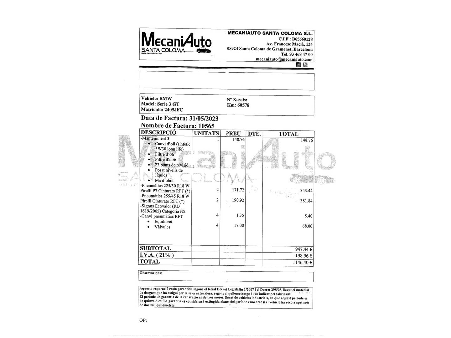 Foto del mantenimiento del BMW Serie 3 BMW Serie 3 318d Gran Turismo(143 CV) Paquete M