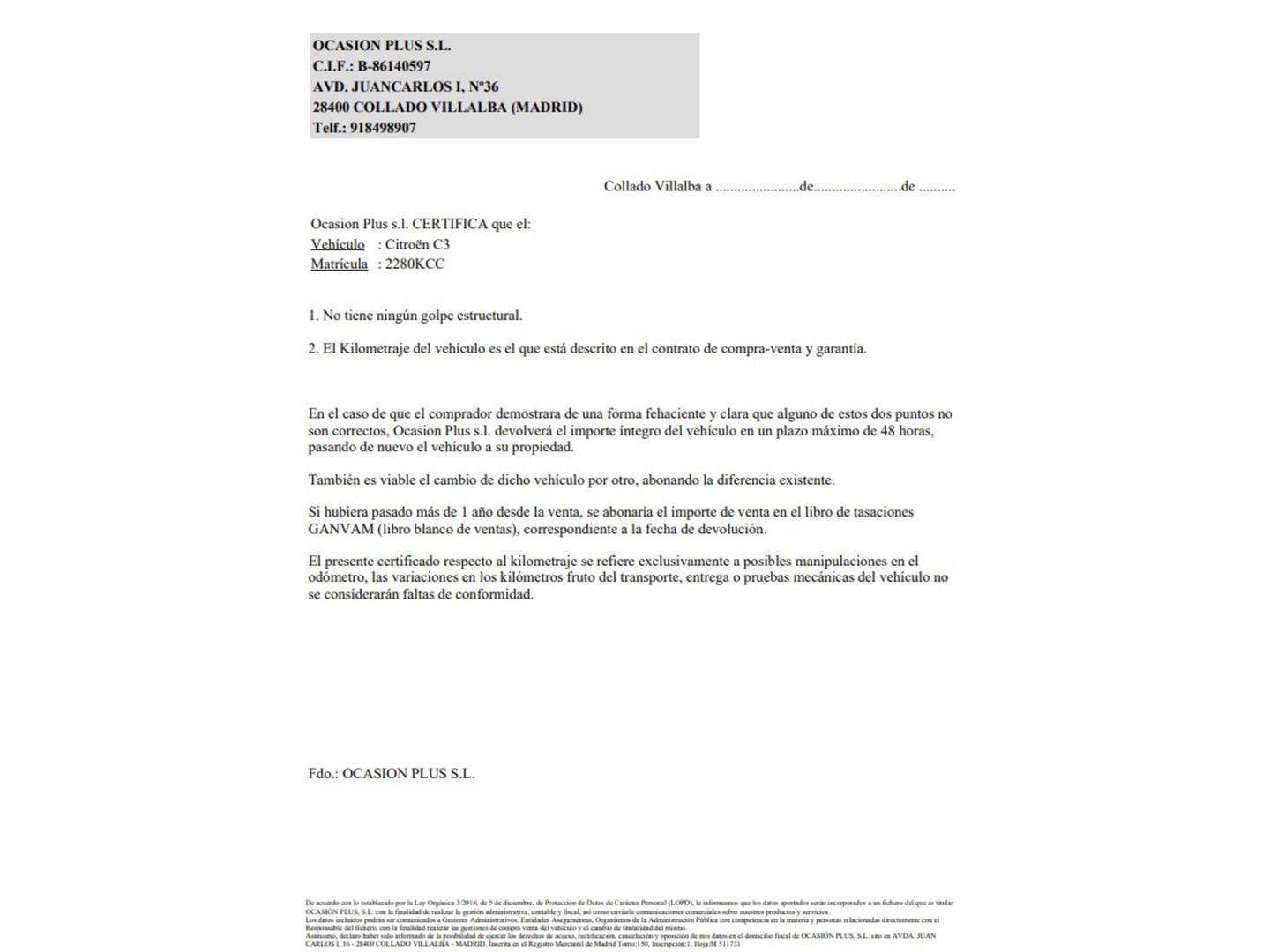 Foto del certificado del Citroën C3 Citroën C3 PureTech 82 Feel (83 CV)