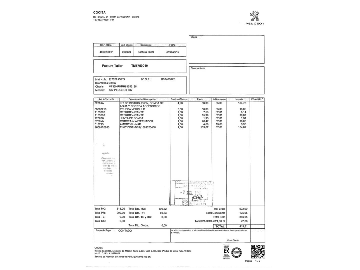 Foto del mantenimiento del Peugeot 307 SW Peugeot 307 SW 2.0 HDi Pack  (136 CV)