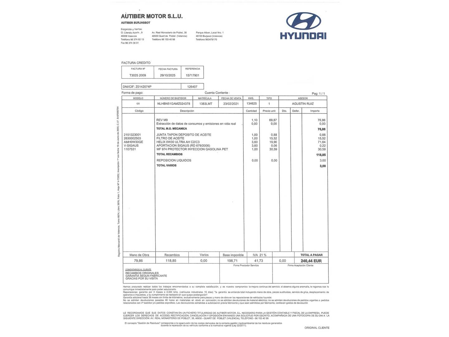Foto del mantenimiento del Hyundai i20 Hyundai i20 1.0 TGDI Klass (100 CV)