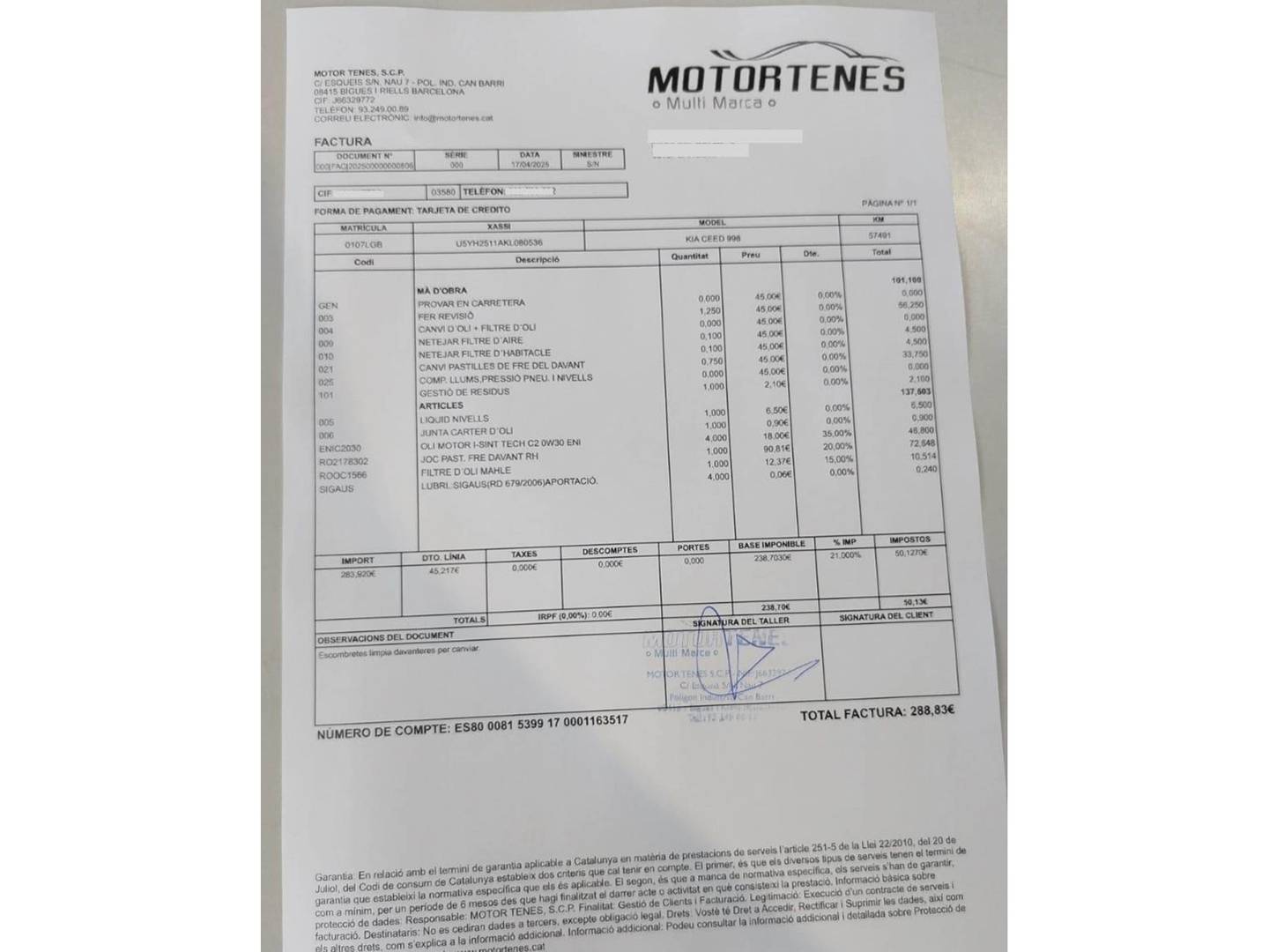 Foto del mantenimiento del KIA Ceed KIA Ceed 1.0 T-GDi Tech (120 CV)