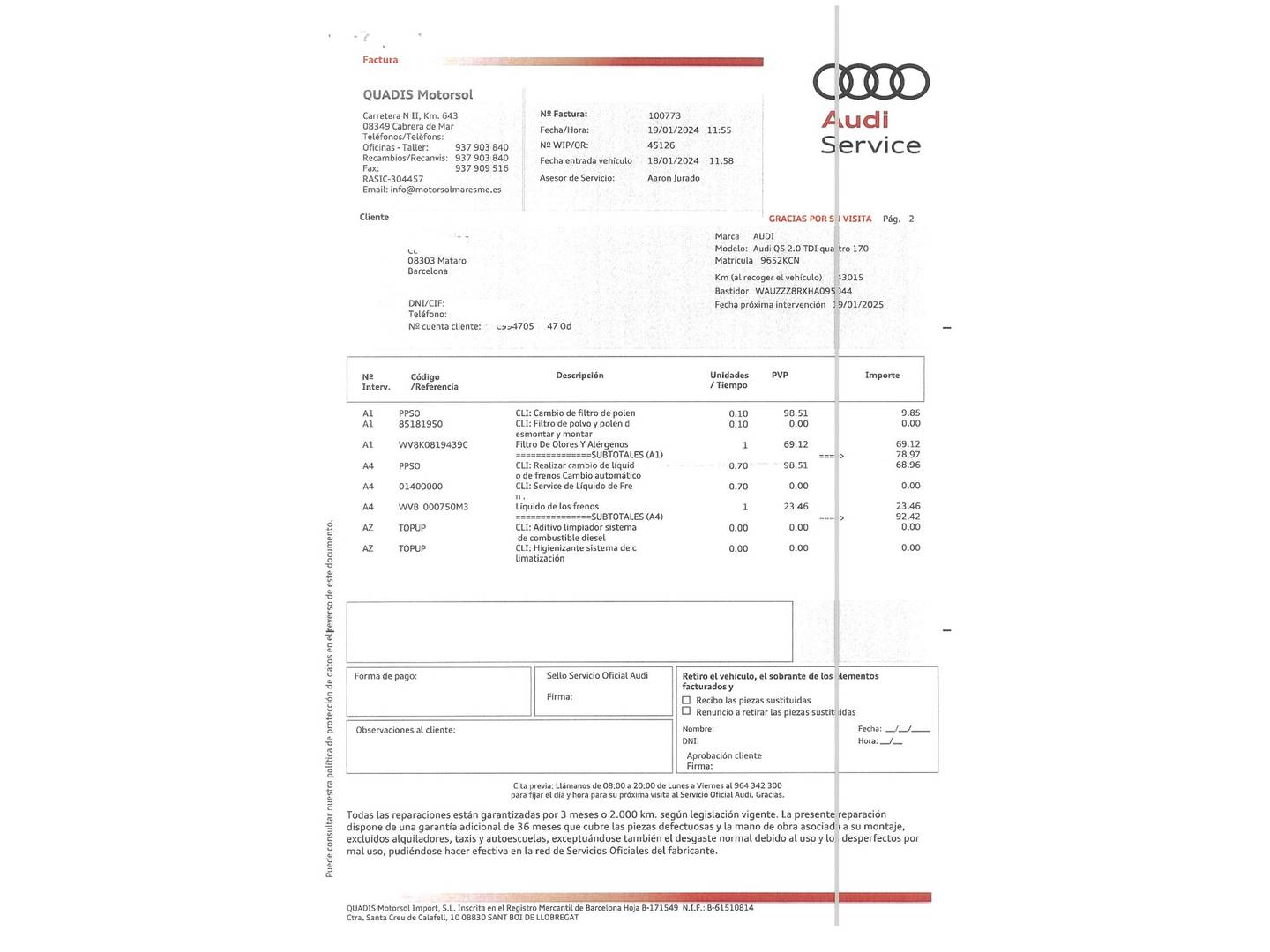 Foto del mantenimiento del Audi Q5 Audi Q5 Advanced edition 2.0 TDI clean diesel quattro (190 CV) S tronic
