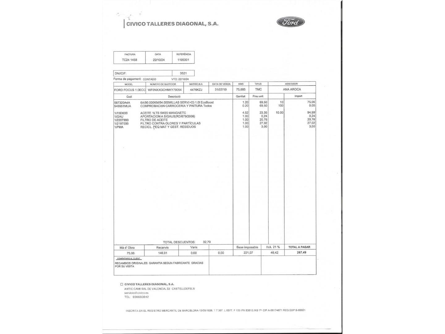 Foto del mantenimiento del Ford Focus Ford Focus 1.0 Ecoboost ST-Line (125 CV)
