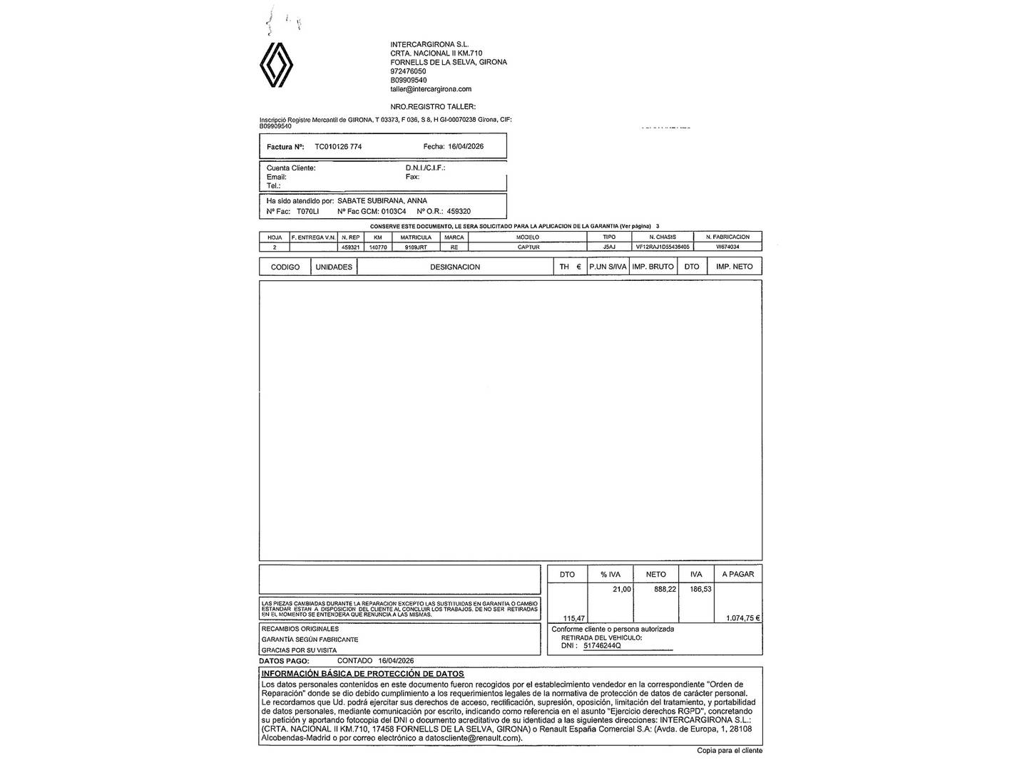 Foto del mantenimiento del Renault Captur Renault Captur Zen Energy dCi (90 CV) EDC