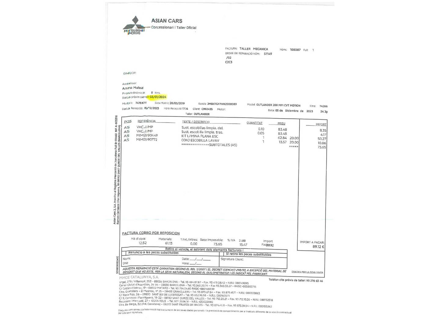 Foto del mantenimiento del Mitsubishi Outlander Mitsubishi Outlander 200 MPI Motion 2WD CVT (150 CV) 7 Plazas