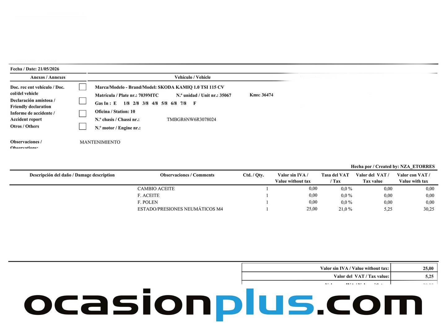 Foto del mantenimiento del Skoda Kamiq Skoda Kamiq 1.0 TSI Design DSG (115 CV)