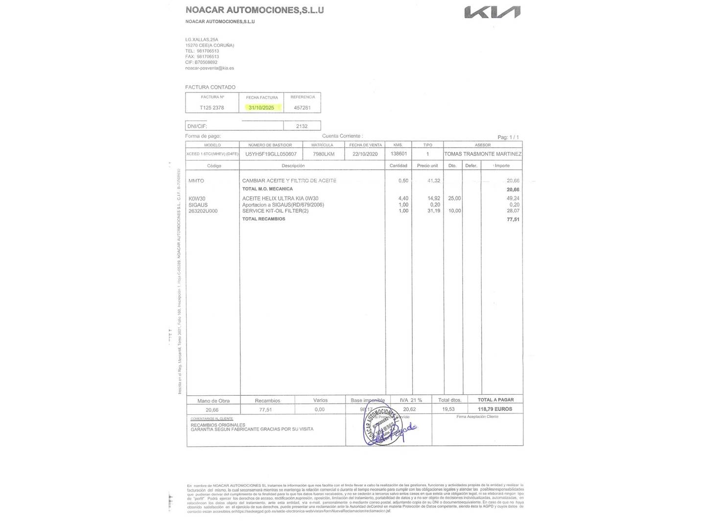 Foto del mantenimiento del KIA XCeed KIA XCeed 1.6 MHEV Emotion DCT (136 CV)
