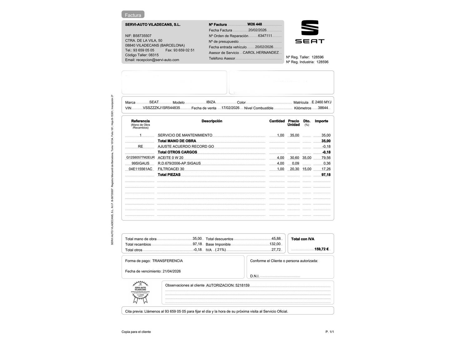 Foto del mantenimiento del Seat Ibiza Seat Ibiza 1.0 TSI S&S Xcellence (115 CV)
