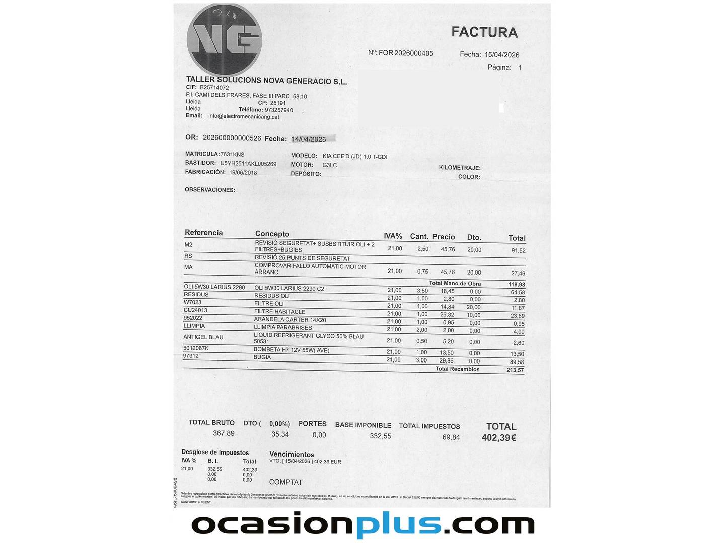 Foto del mantenimiento del KIA Ceed KIA Ceed 1.0 T-GDi Tech (120 CV)