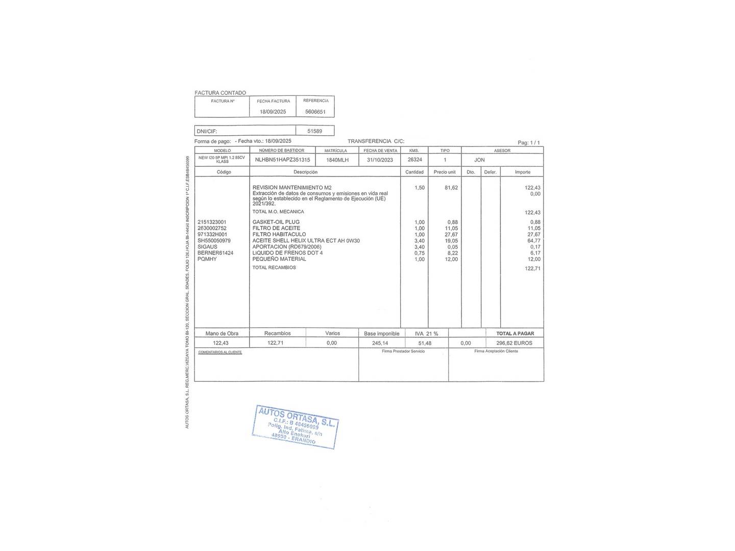 Foto del mantenimiento del Hyundai i20 Hyundai i20 1.2 MPI Klass (84 CV)