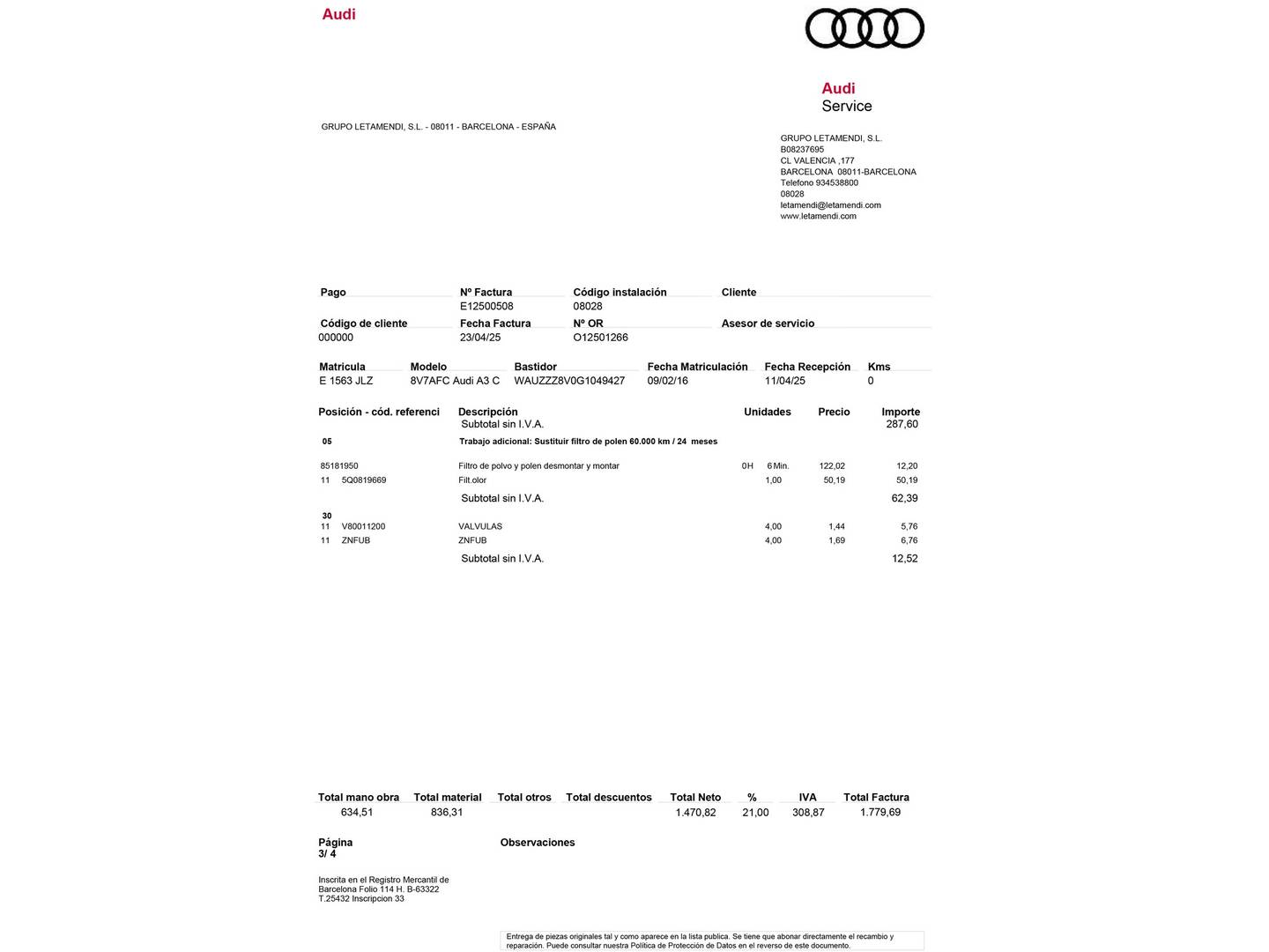 Foto del mantenimiento del Audi A3 Audi A3 Cabrio Attraction 1.6 TDI CD (110 CV)