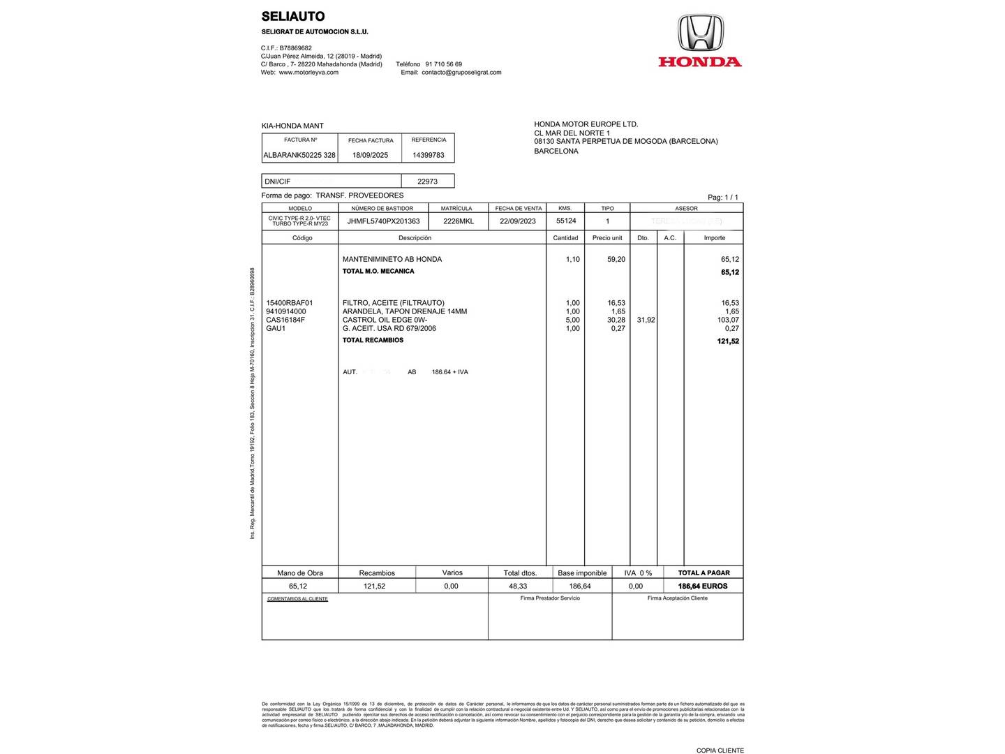 Foto del mantenimiento del Honda Civic Honda Civic 2.0 i-Vtec Type R Edición Especial Pack Carbono (329 CV)