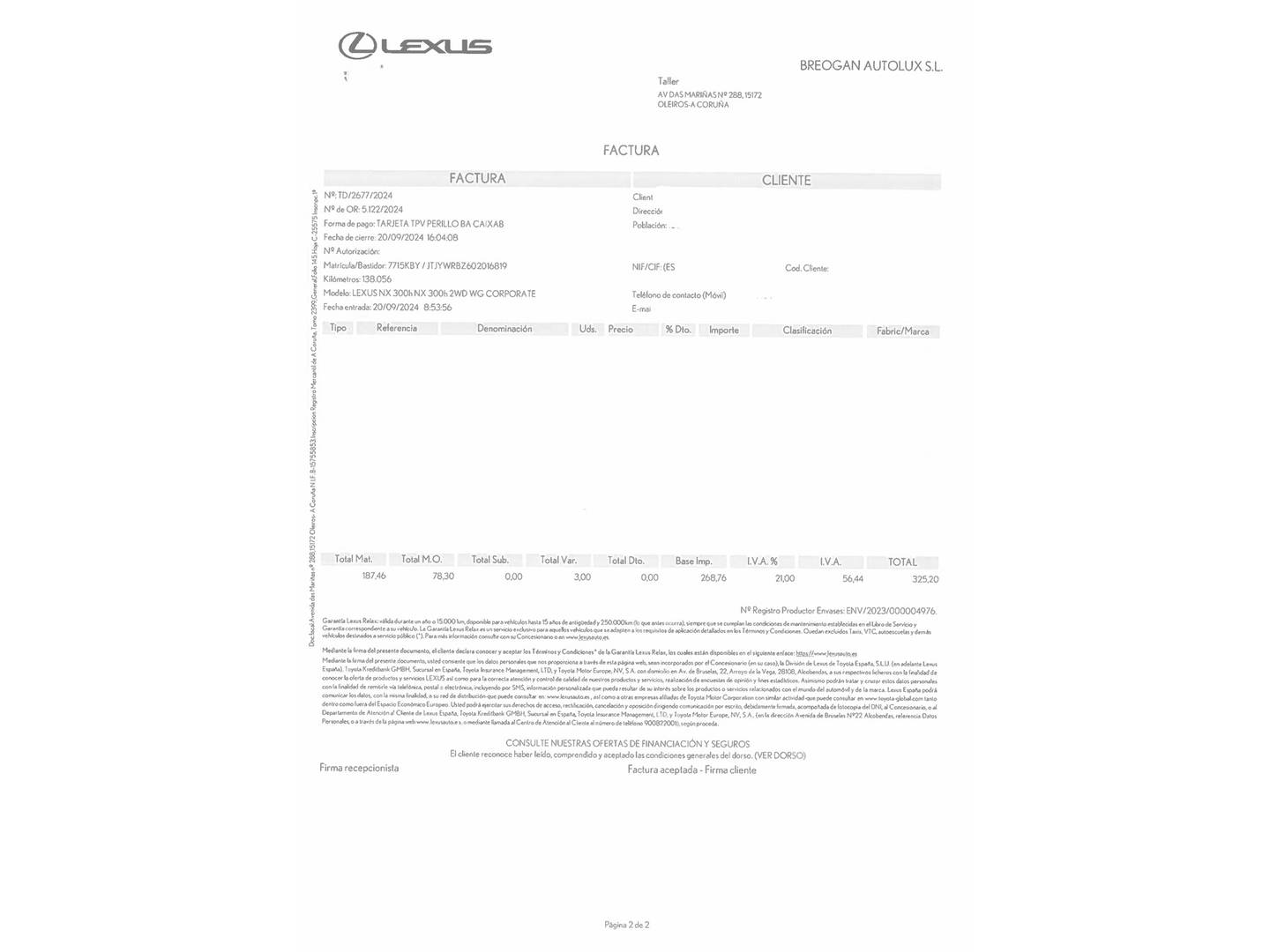 Foto del mantenimiento del Lexus NX Lexus NX 300h Business 2WD (197 CV)