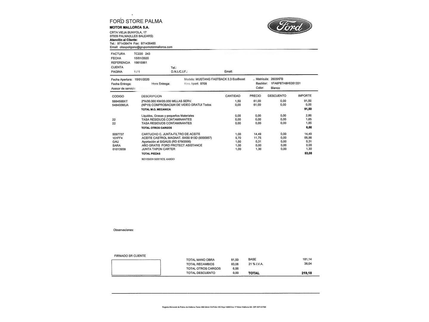 Foto del mantenimiento del Ford Mustang Ford Mustang 2.3 EcoBoost Mustang Auto Fastback (314 CV)