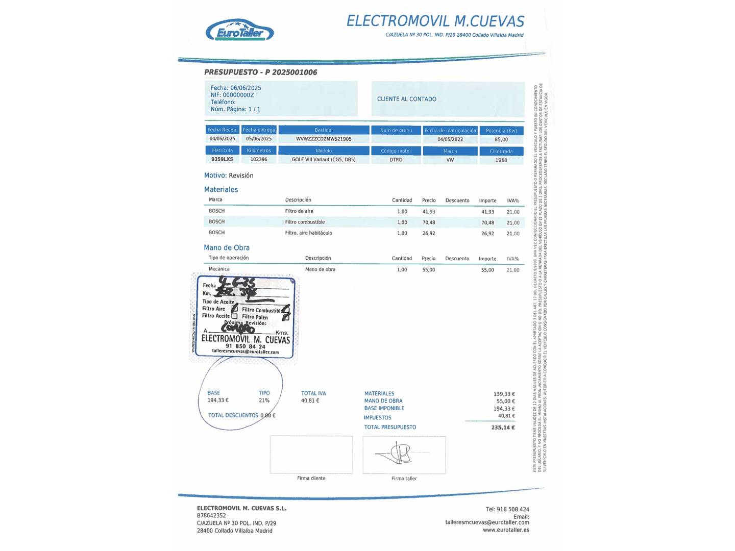 Foto del mantenimiento del Volkswagen Golf Volkswagen Golf Variant Variant Life 2.0 TDI (115 CV)