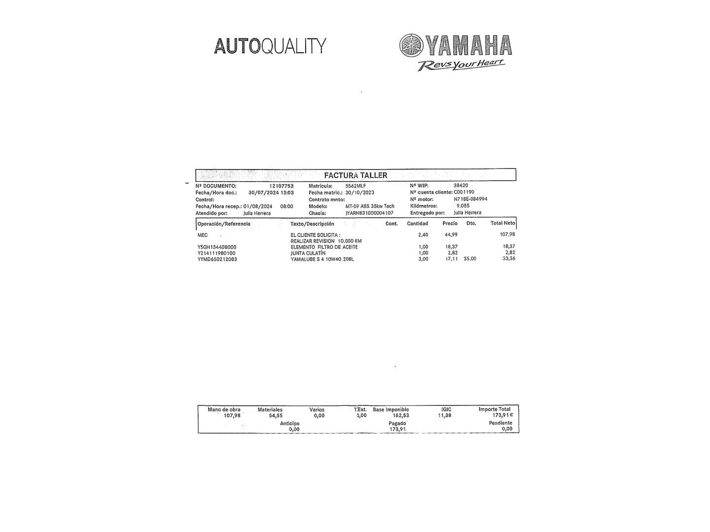 Foto del mantenimiento del Yamaha MT-09  A2 Yamaha MT-09  A2 A2 (48 CV)