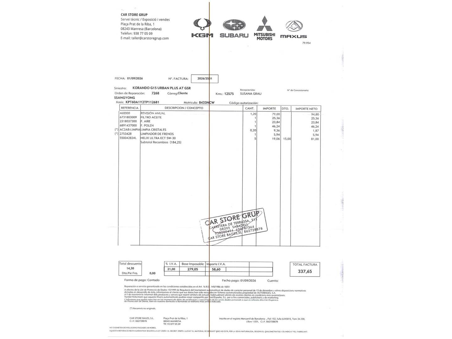 Foto del mantenimiento del KGM Korando KGM Korando G15T Urban Plus GSR Auto (163 CV)