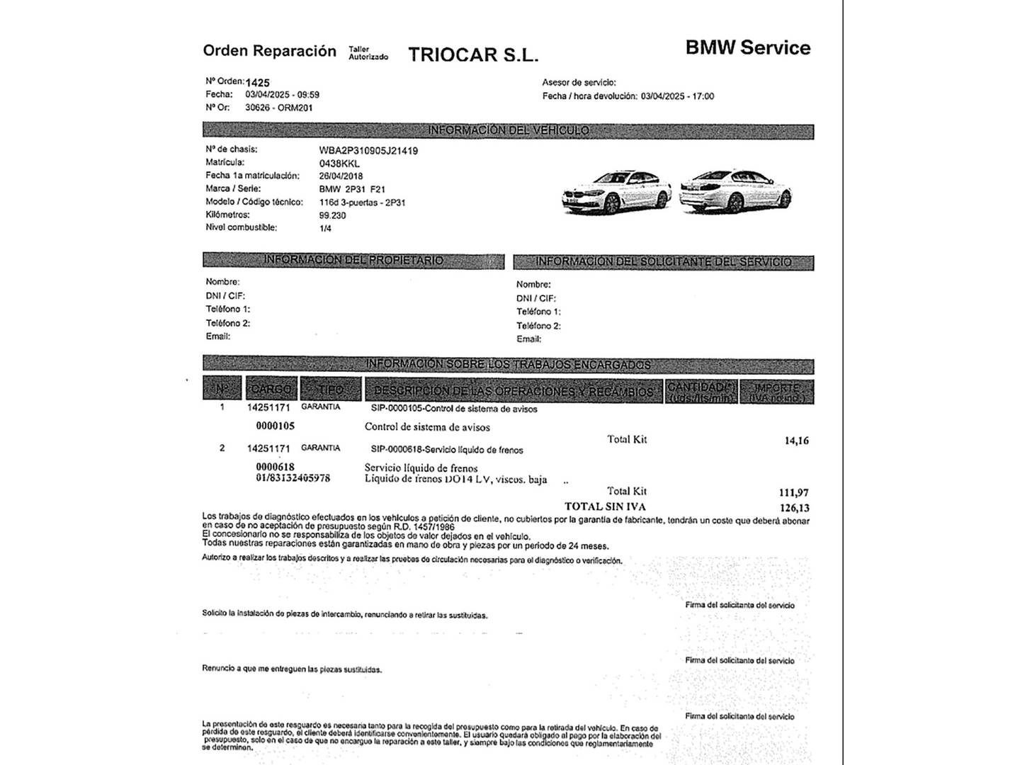 Foto del mantenimiento del BMW Serie 1 BMW Serie 1 116d (116 CV) Pack M