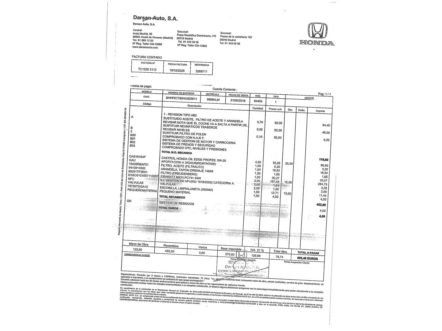 Foto del mantenimiento del Honda Civic Honda Civic 1.5 VTEC Turbo Sport Plus (182 CV)