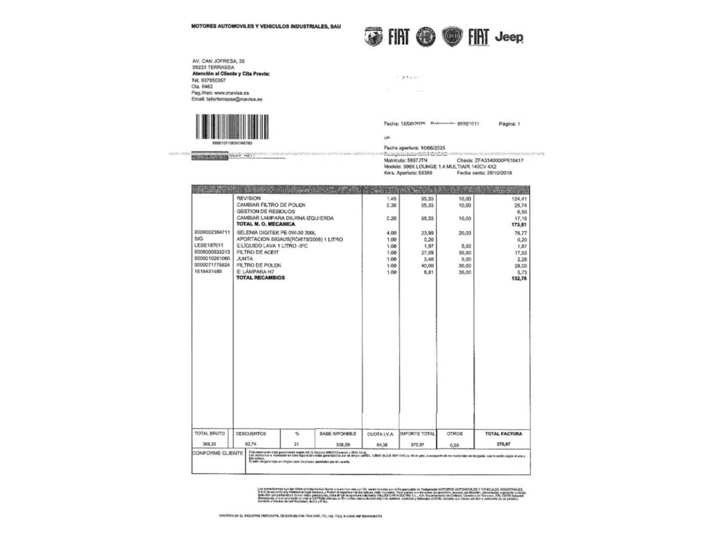 Foto del mantenimiento del Fiat 500X Fiat 500X 1.4 MultiAir Lounge 4x2 (140 CV)