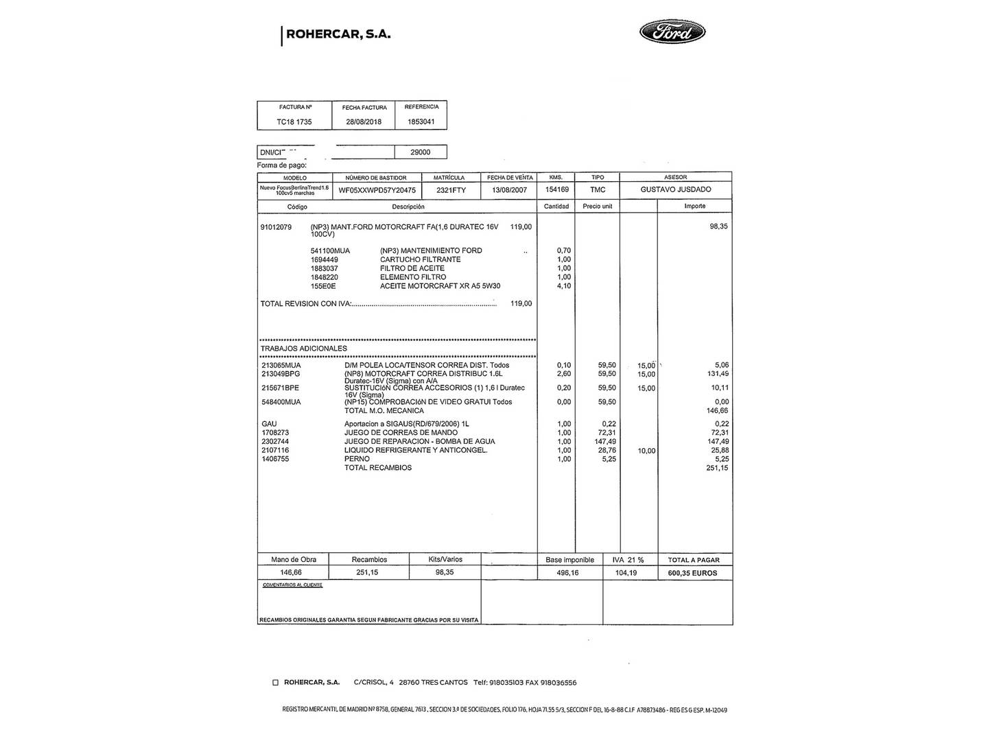 Foto del mantenimiento del Ford Focus Ford Focus 1.6 Trend (100 CV)