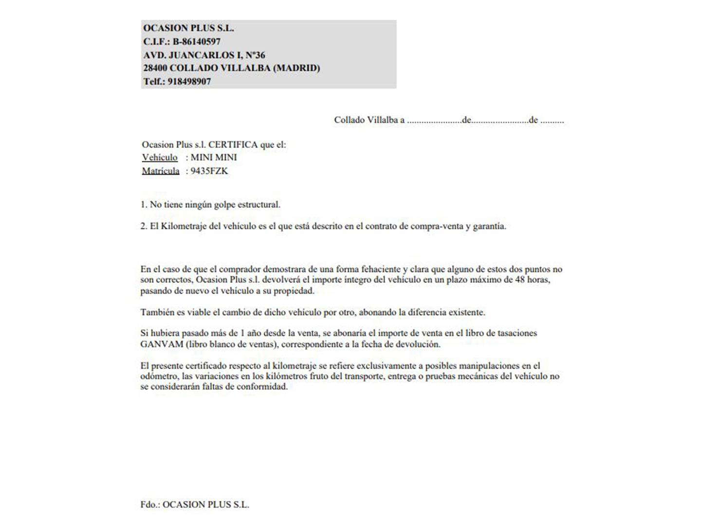 Foto del certificado del Mini MINI Mini MINI Cooper S (175 CV)