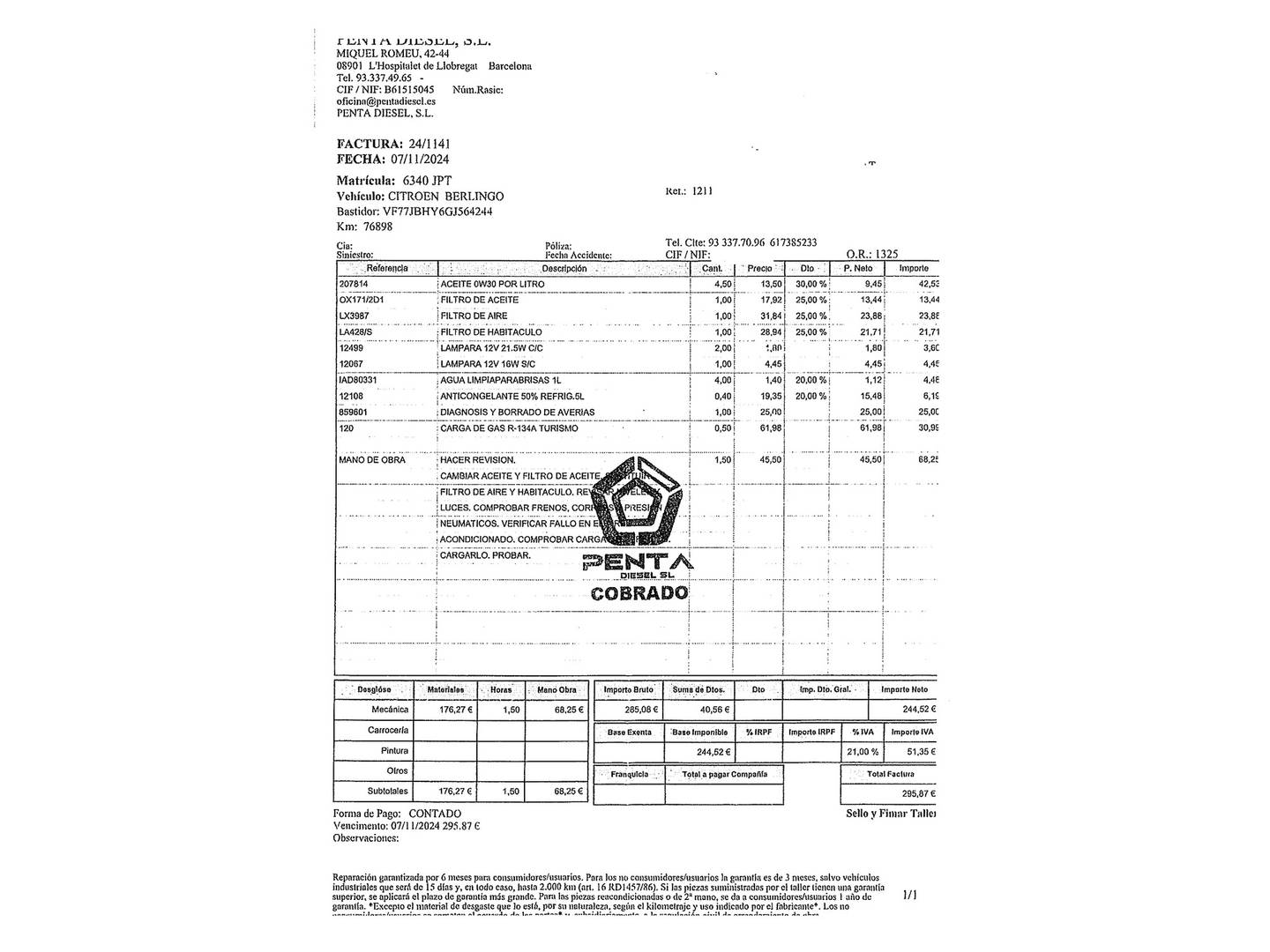 Foto del certificado del Citroën Berlingo Citroën Berlingo Combi BlueHDi 100 Multispace XTR Plus (100 CV)