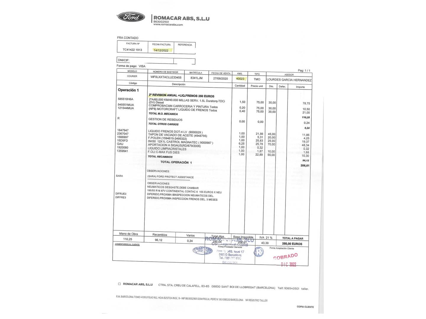 Foto del mantenimiento del Ford Tourneo Courier Ford Tourneo Courier 1.5 TDCi Sport (100 CV)