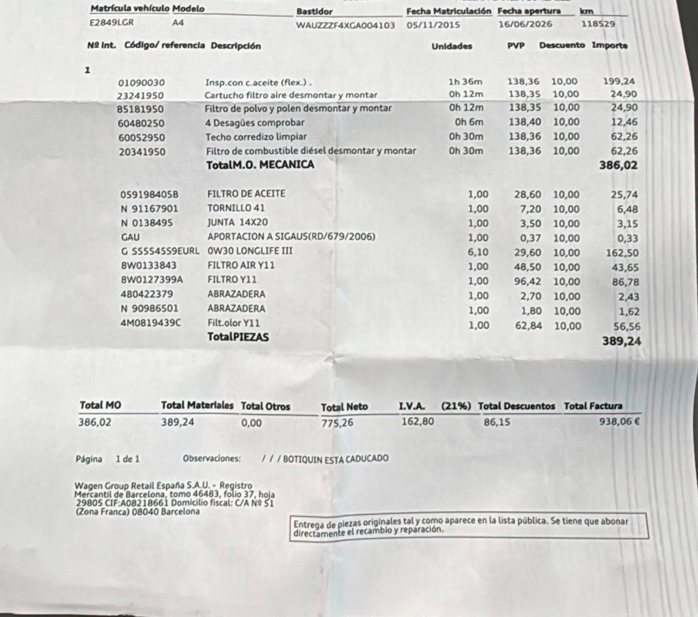 Foto del mantenimiento del Audi A4 Audi A4 Avant Sport Edition 3.0 TDI Quattro (272 CV) Tiptronic