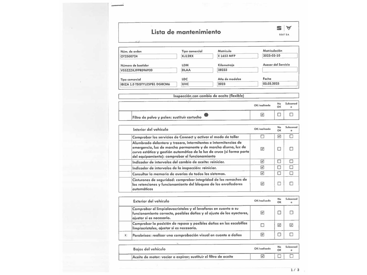 Foto del mantenimiento del Seat Ibiza SEAT Ibiza 1.0 TSI Style XL (110 CV)
