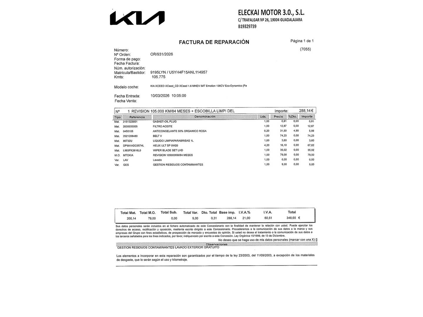Foto del mantenimiento del KIA XCeed KIA XCeed 1.5 MHEV iMT Drive (160 CV)
