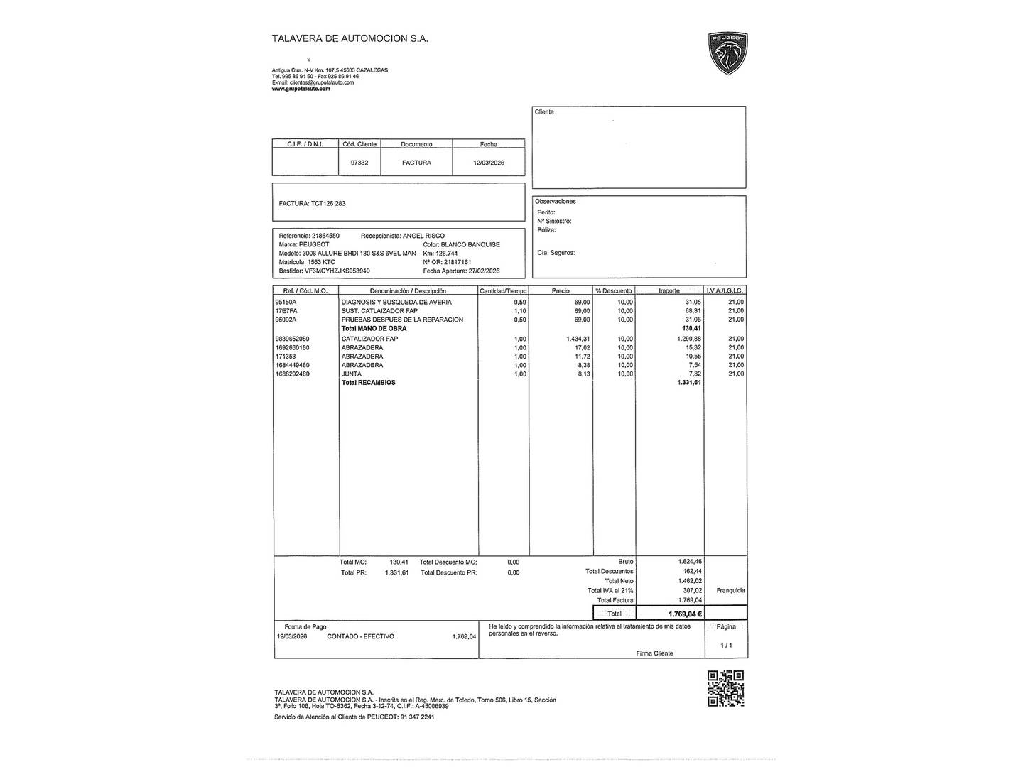Foto del mantenimiento del Peugeot 3008 Peugeot 3008 BlueHDI 130 S&S Allure 96 kW (130 CV)