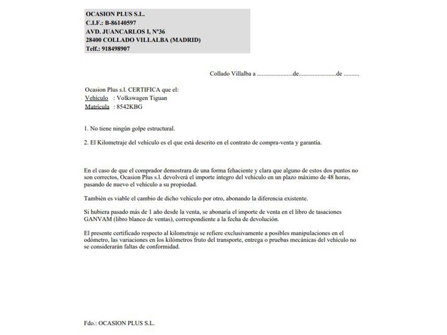Foto del certificado del Volkswagen Tiguan Volkswagen Tiguan Edition 1.4 TSI (125 CV)