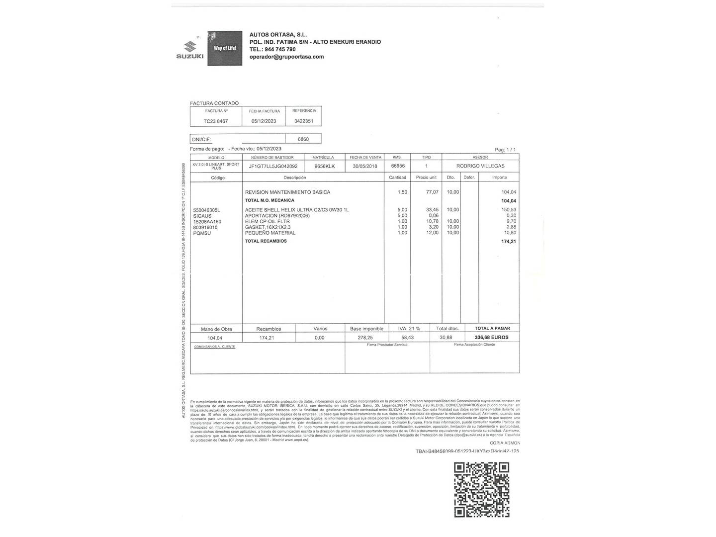 Foto del mantenimiento del Subaru XV Subaru XV 2.0i Sport Plus CVT Lineartronic (156 CV)