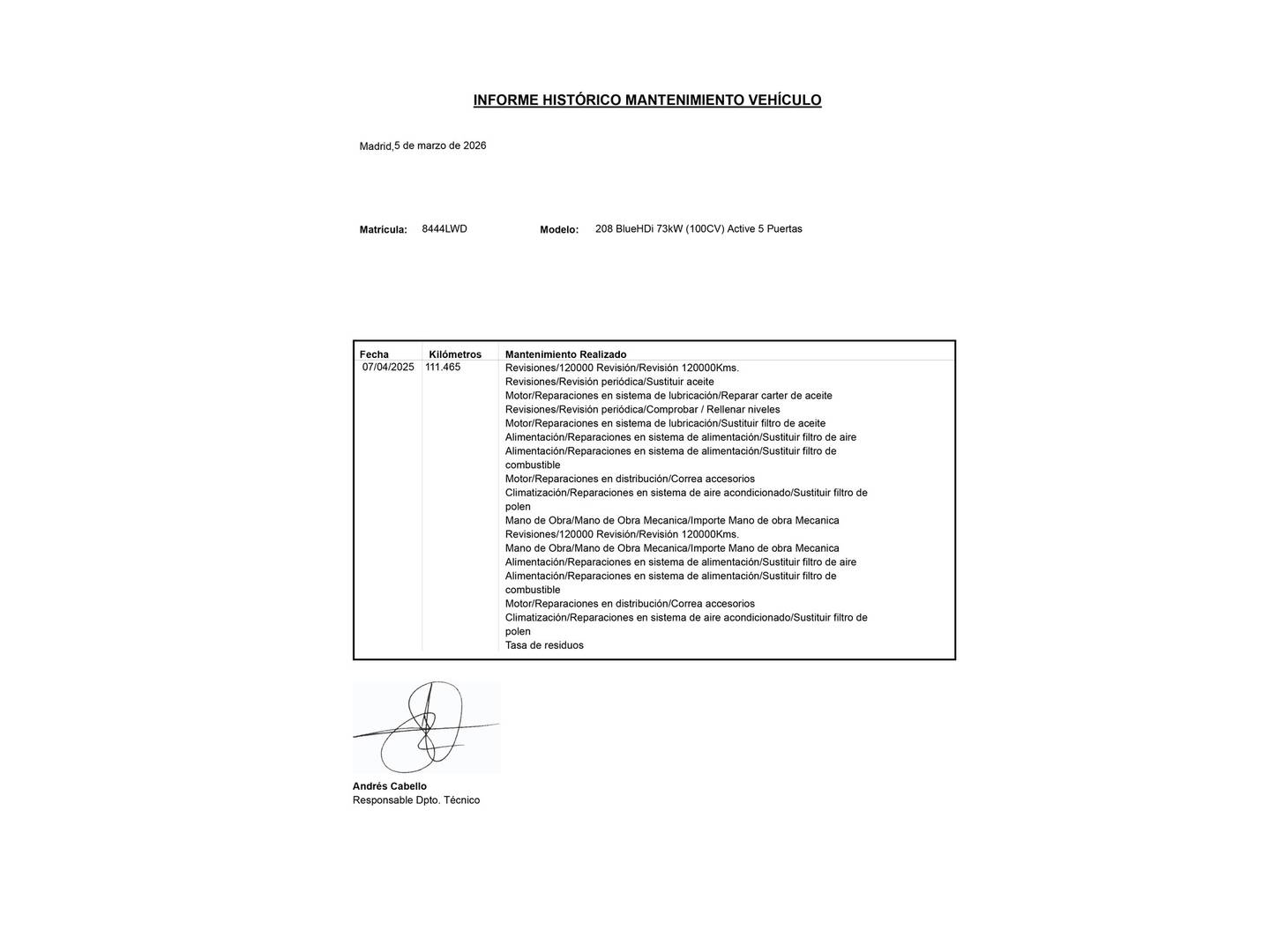 Foto del mantenimiento del Peugeot 208 Peugeot 208 BlueHDi 100 Active (100 CV)