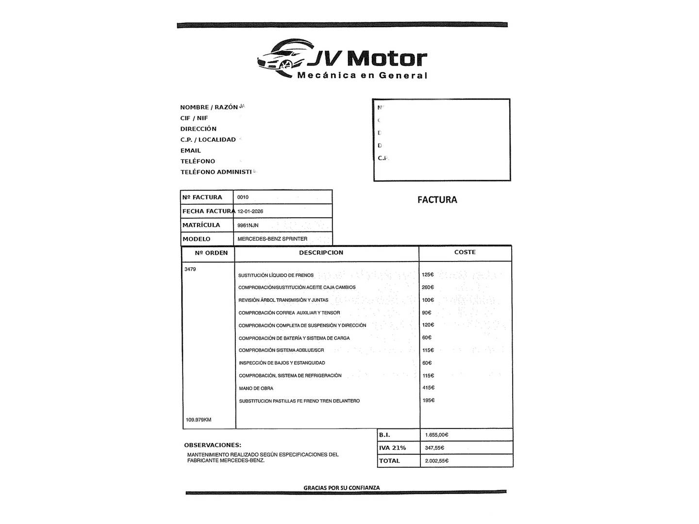 Foto del mantenimiento del Mercedes Sprinter Mercedes Sprinter Furgon 317 CDI LARGO 3.5T T.ALTO (170 CV)