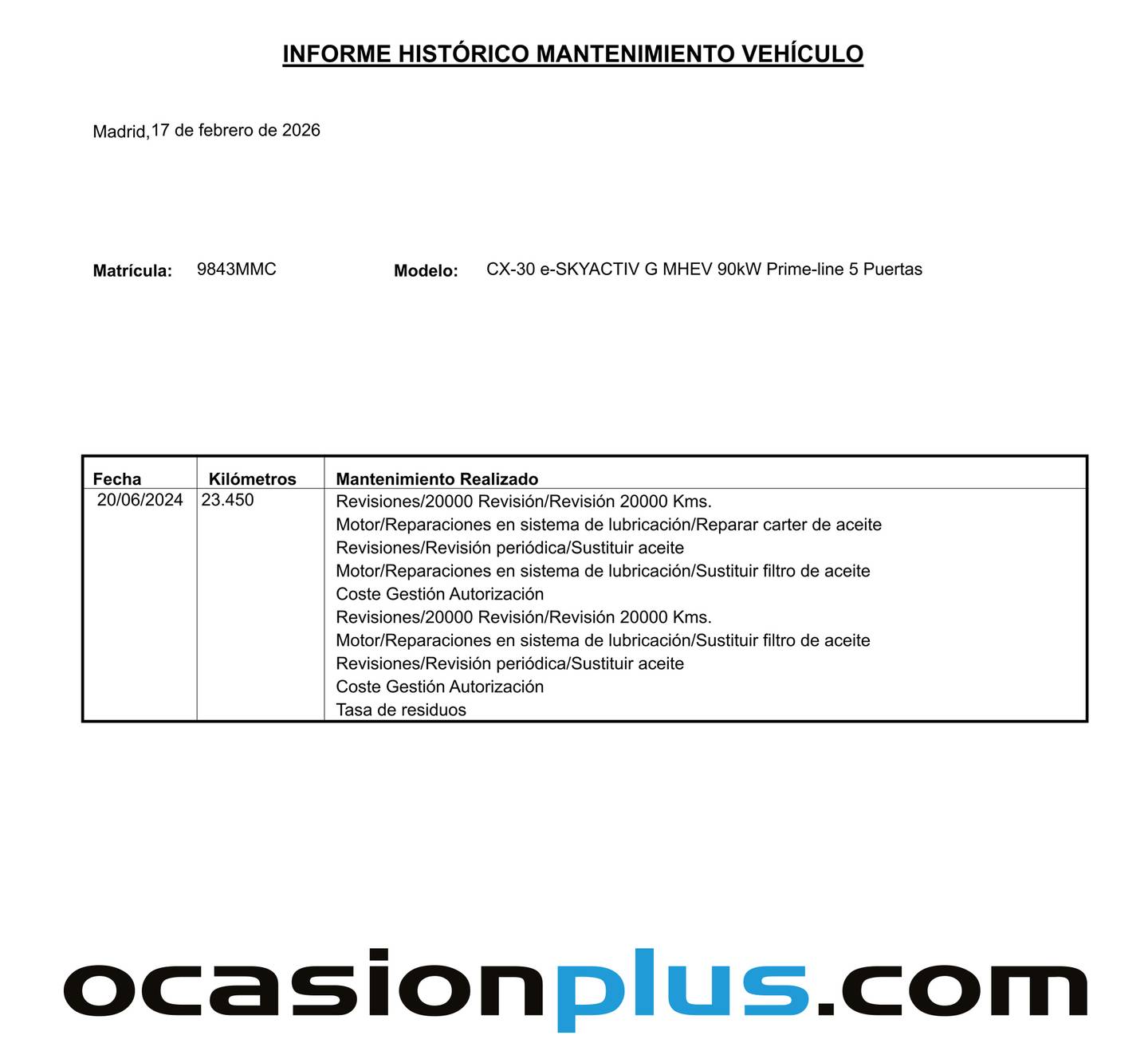 Foto del mantenimiento del Mazda CX-30 Mazda CX-30 2.0 e-Skyactive G MHEV Prime-line (122 CV)