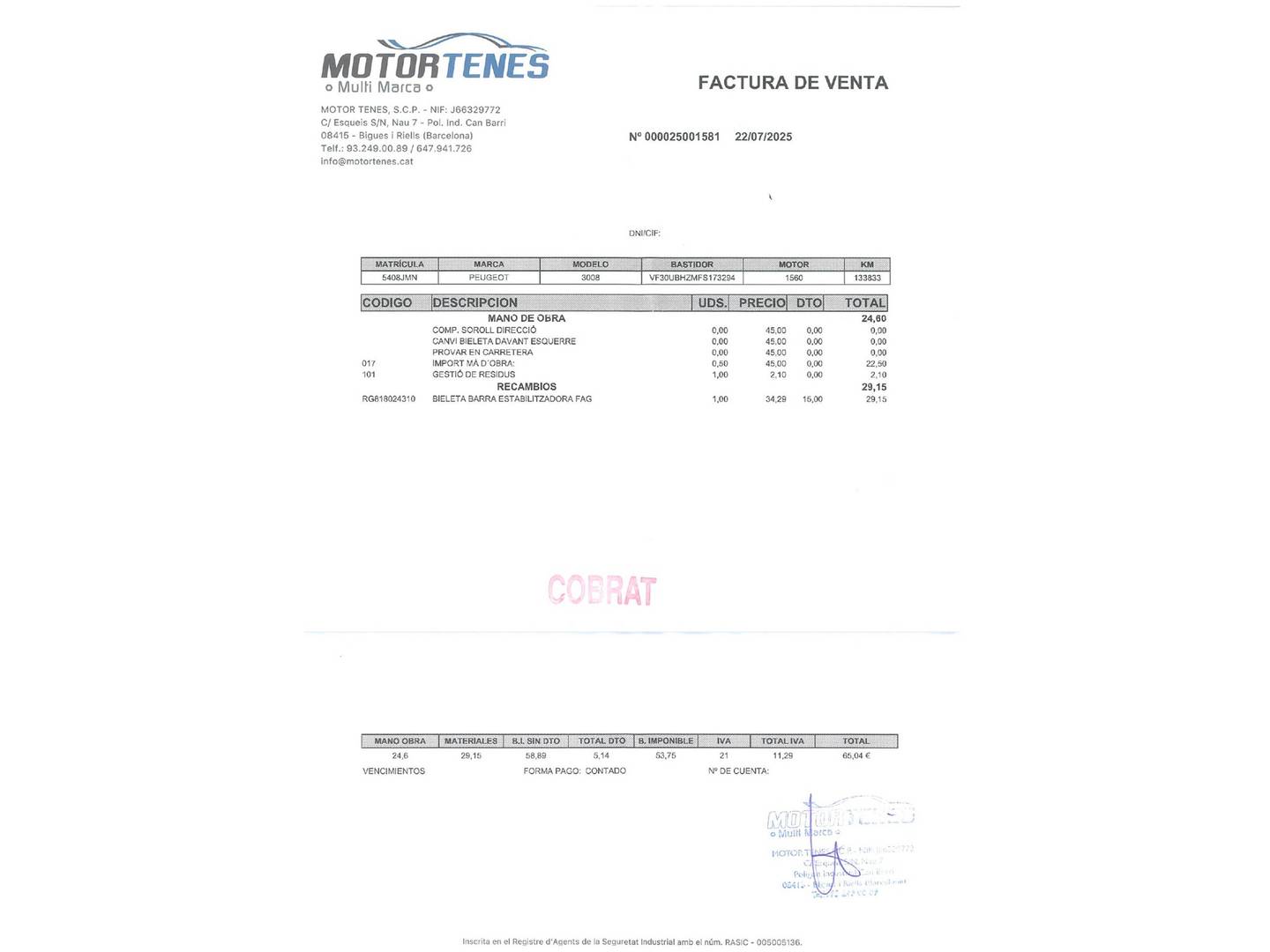 Foto del mantenimiento del Peugeot 3008 Peugeot 3008 1.6 BlueHDi FAP Allure (120 CV)