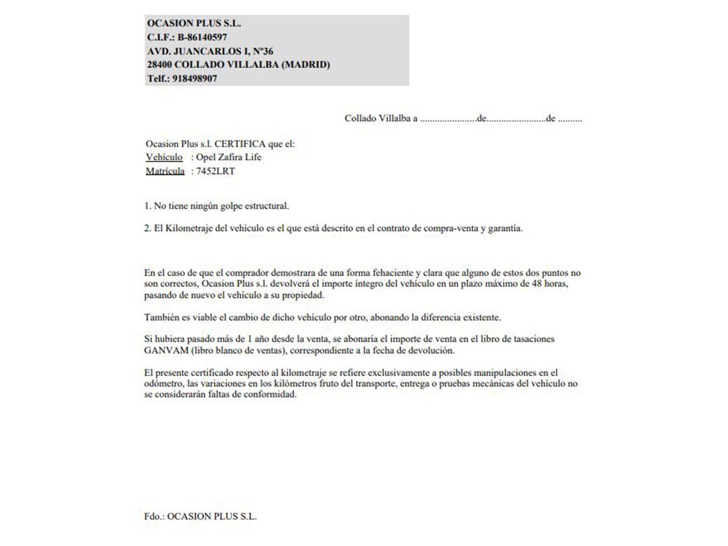 Foto del certificado del Opel Zafira Life Opel Zafira Life Life 1.5 Diesel L Edition 8 Plazas  (120 CV)