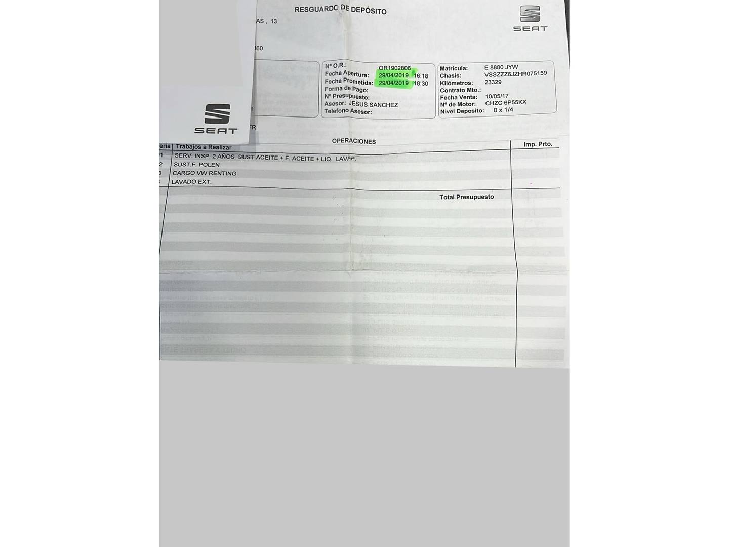 Foto del mantenimiento del Seat Ibiza SEAT Ibiza 1.0 EcoTSI FR Ultimate Edition (110 CV)