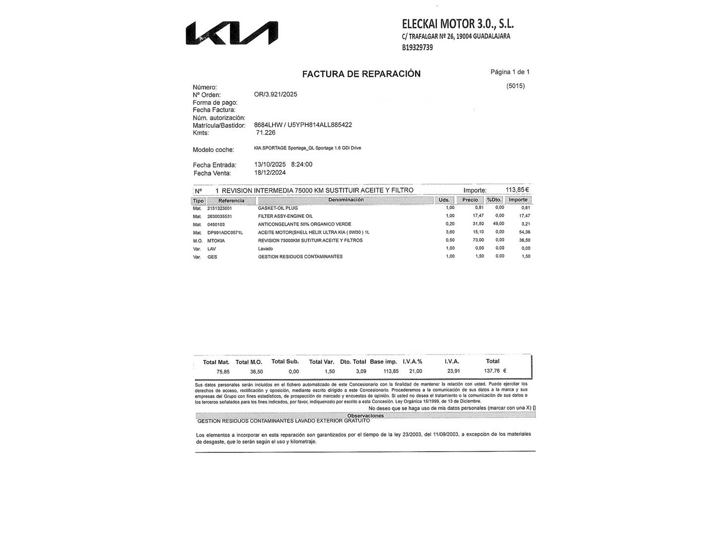 Foto del mantenimiento del KIA Sportage KIA Sportage 1.6 GDi Drive 4x2 (132 CV)