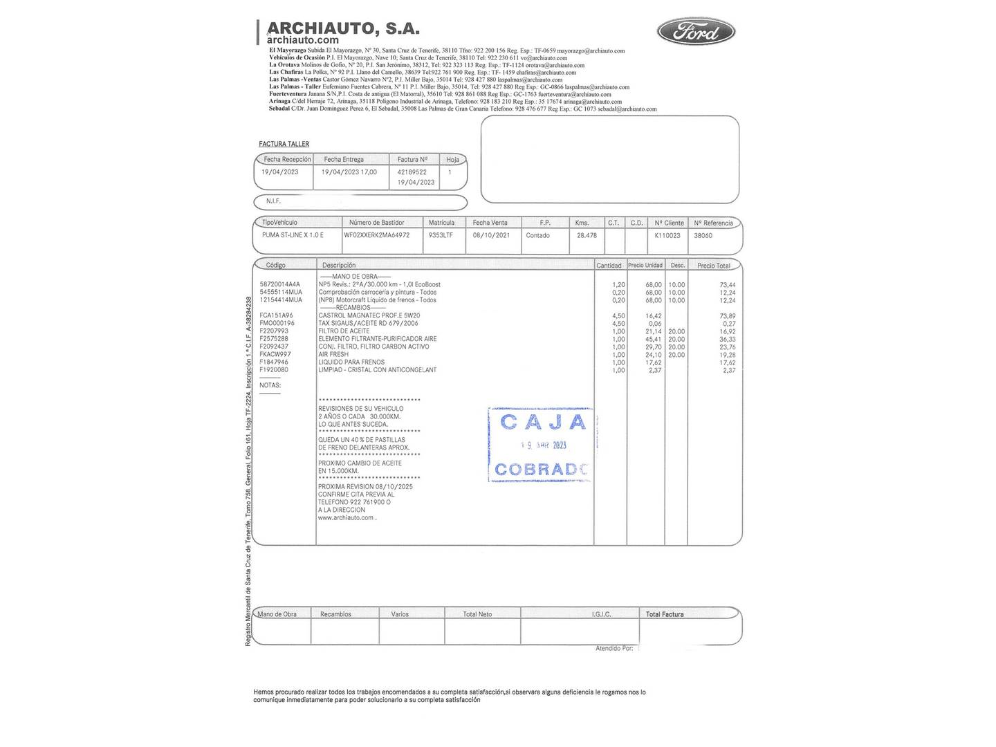 Foto del mantenimiento del Ford Puma Ford Puma 1.0 EcoBoost MHEV ST-Line X (125 CV)