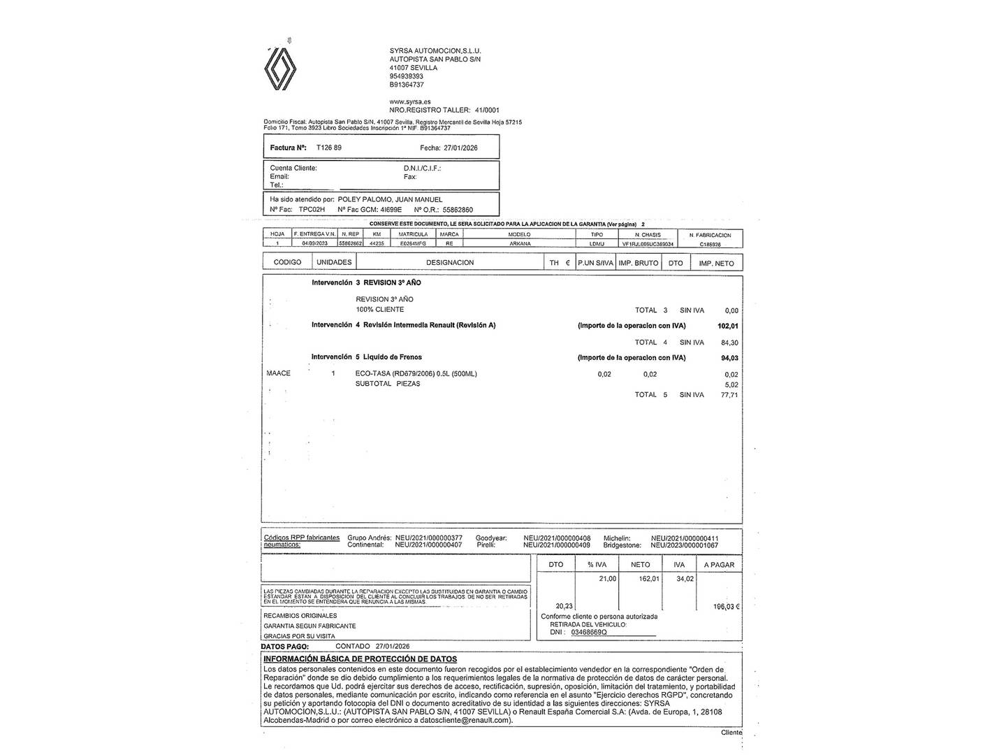 Foto del mantenimiento del Renault Arkana Renault Arkana Techno E-Tech hybrid 145 EDC (145 CV)