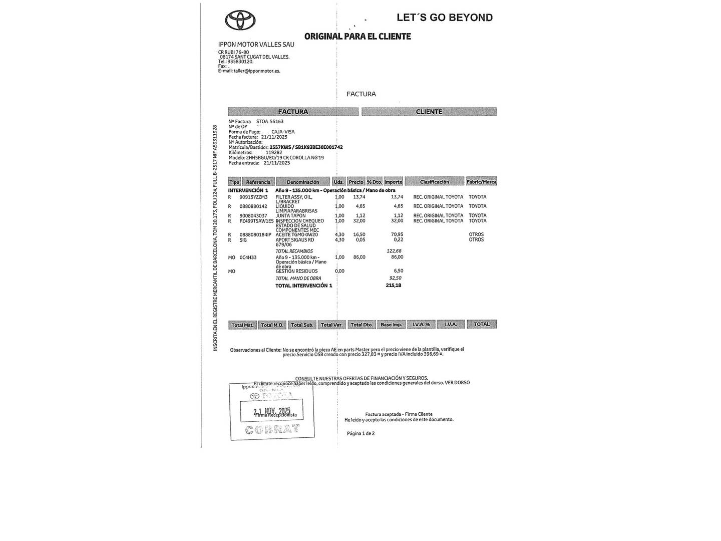 Foto del mantenimiento del Toyota Corolla Toyota Corolla 125H Active E-CVT (122 CV)