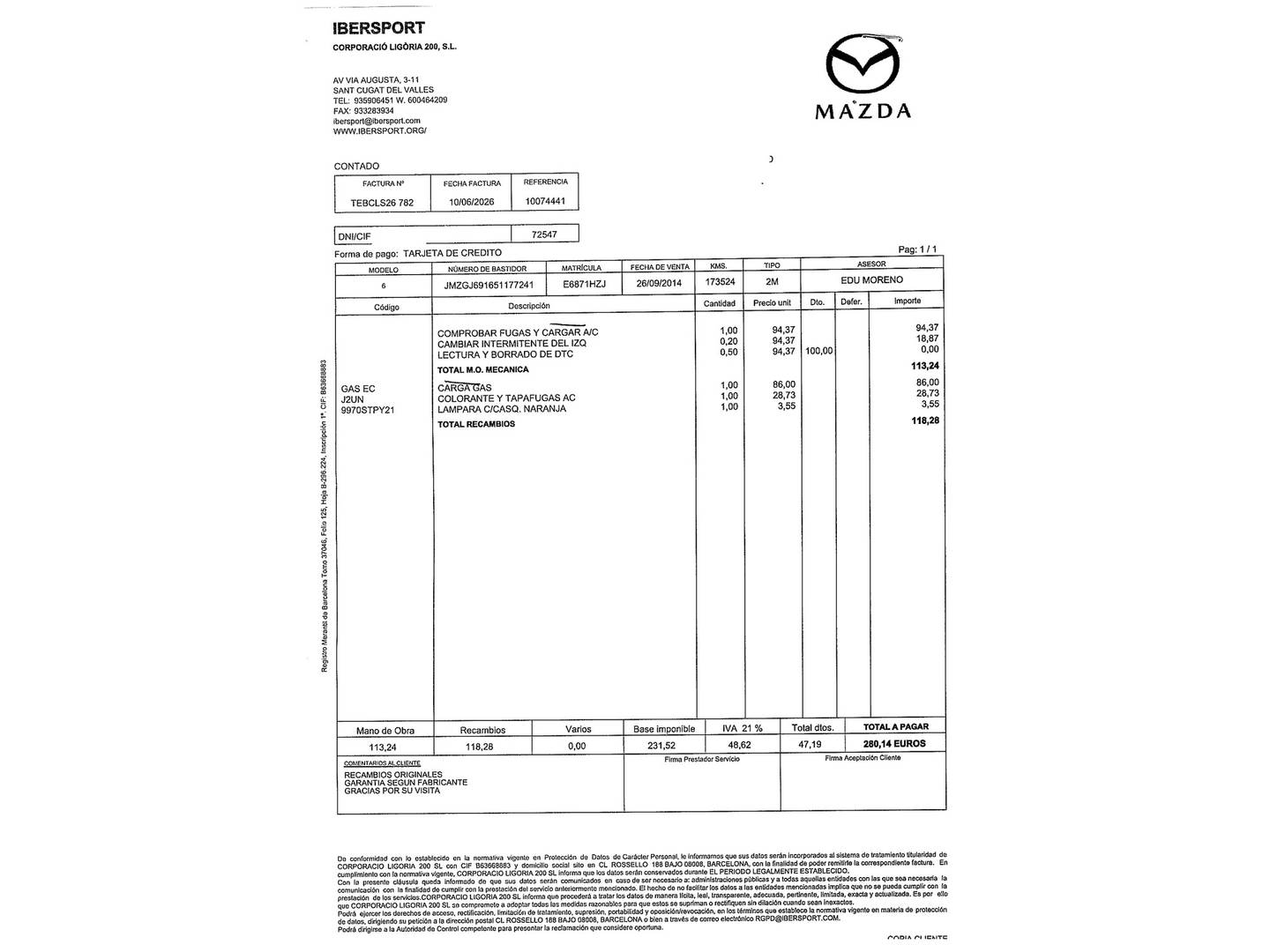 Foto del mantenimiento del Mazda Mazda6 Mazda Mazda 6 2.2 DE WAGON Style + Pack Safety (150 CV)