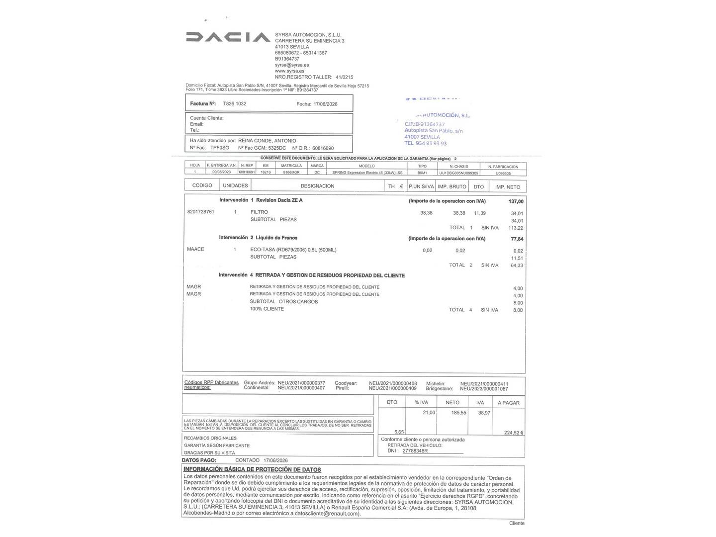 Foto del mantenimiento del Dacia Spring Dacia Spring Expression Electric (45 CV)
