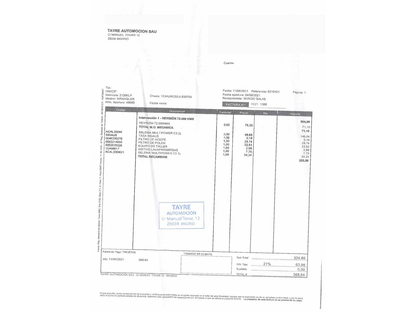 Foto del mantenimiento del Jeep Wrangler Jeep Wrangler 2.8 CRD Rubicon Recon Auto (200 CV)