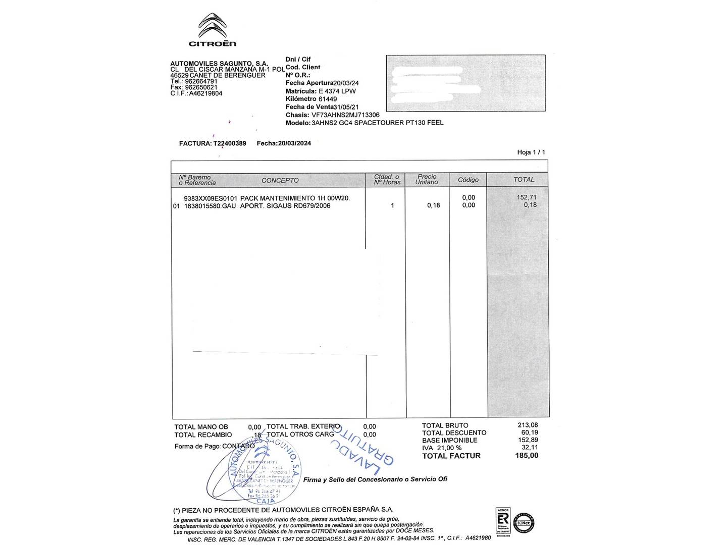 Foto del mantenimiento del Citroën Grand C4 Spacetourer Citroën Grand C4 Spacetourer PureTech 130 6v S&S Shine (130 CV) 7 Plazas