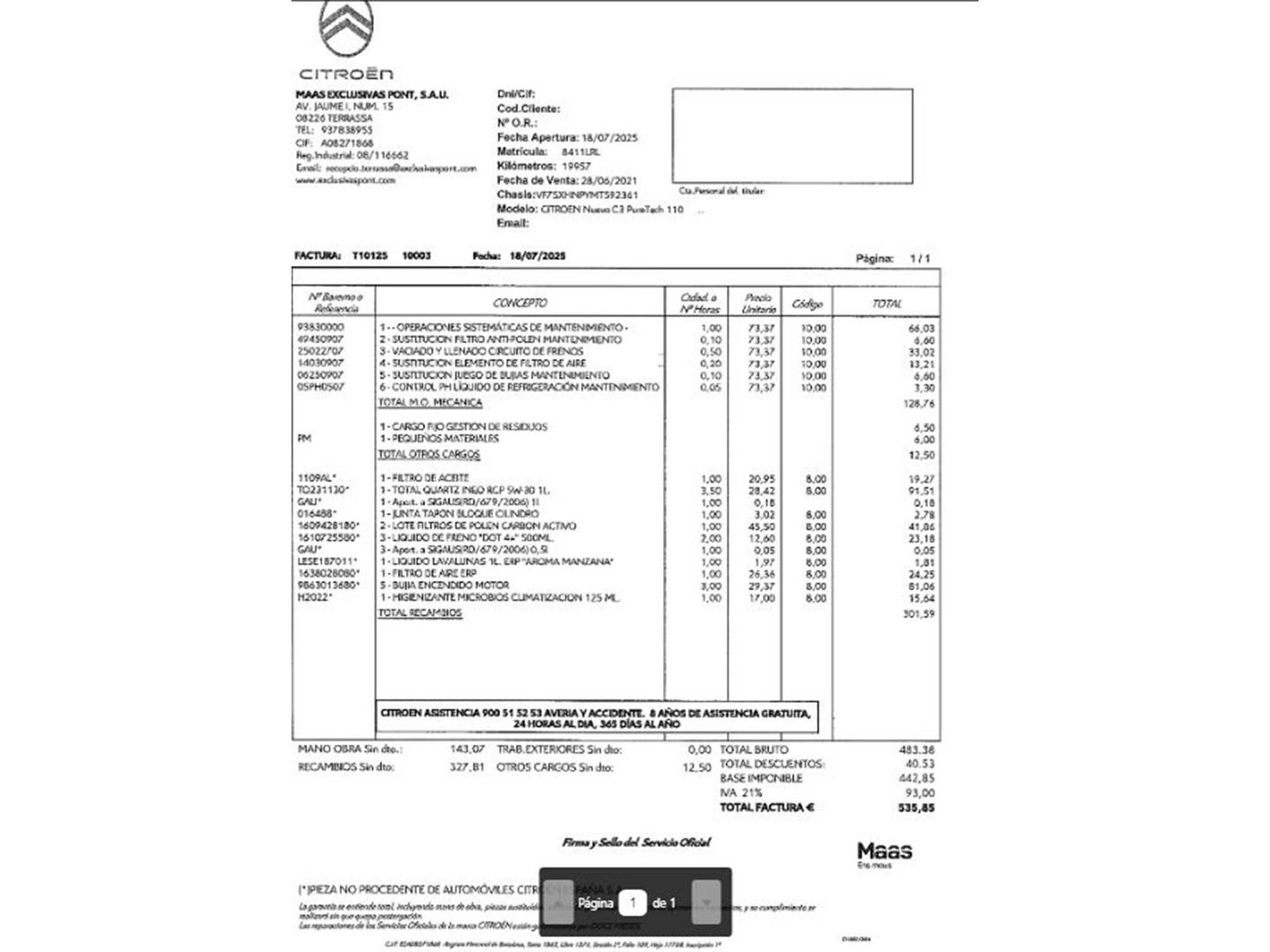 Foto del mantenimiento del Citroën C3 Citroën C3 PureTech 110 S&S Feel Pack EAT6  (110 CV)